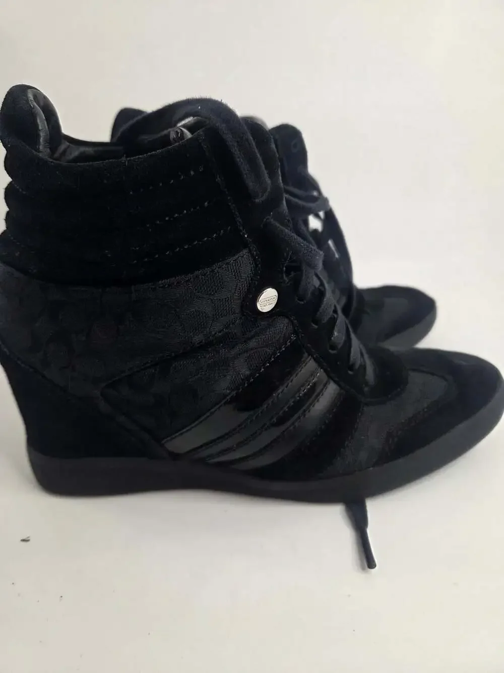 Authentic Coach Alara Black Signature Jacquard Suede Hidden Wedge Sneakers 7M